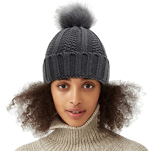 Muryobao Womens Satin Lined Beanie Hat with Faux Fur Pom Cuffed Winter Warm Knit Skull Cap - color: Dark Grey