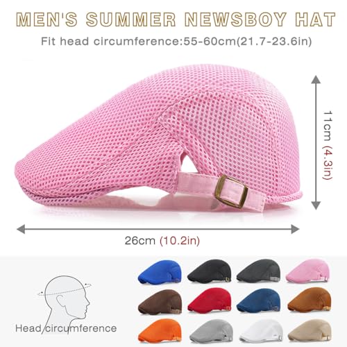 2 Pack Men's Mesh Cap Breathable Summer Newsboy Hat Adjustable Beret Ivy Cap Irish Cabbie Driving Hunting Hats - color: Black/Pink