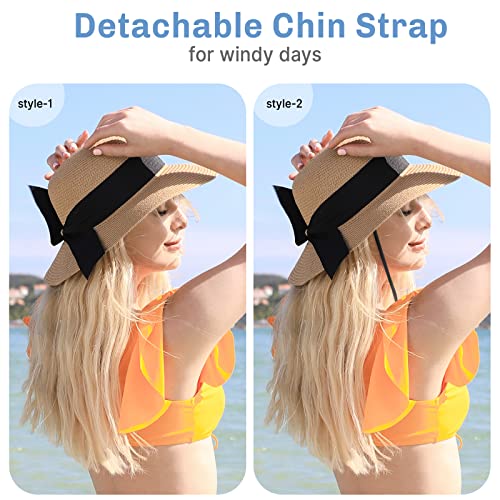 Beach Sun Straw Hats for Women, UPF 50+ UV Sun Protection Summer Straw Hat - color: A-khaki