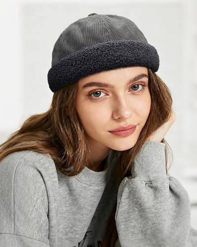 Croogo Corduroy Brimless Hat Winter Warm Docker Hat Rolled Cuff Docker Cap Adjustable Worker Cap Unisex - color: Grey