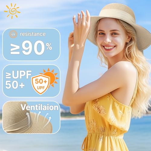 Beach Hats for Women, Sun Straw Hat for Women, UPF 50+ UV Foldable Sun Hat - color: Beige