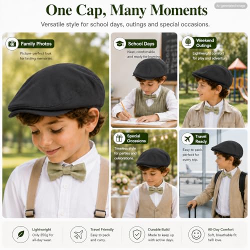 Bienzoe Boys Newsboy Flat Hat: Classic Linen Cap Lightweight - color: Black, size: 2-3T