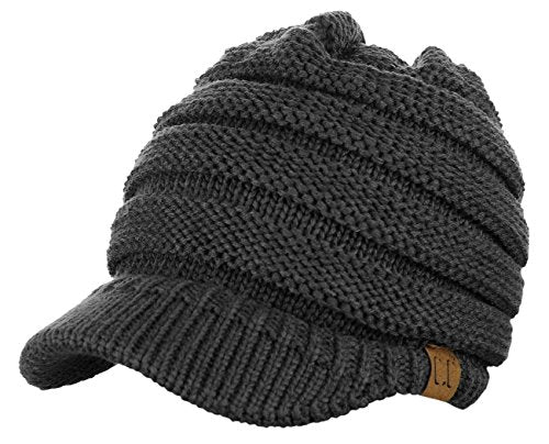 C.C BeanieTail Warm Knit Messy High Bun Ponytail Visor Beanie Cap - color: Dark Melange Gray