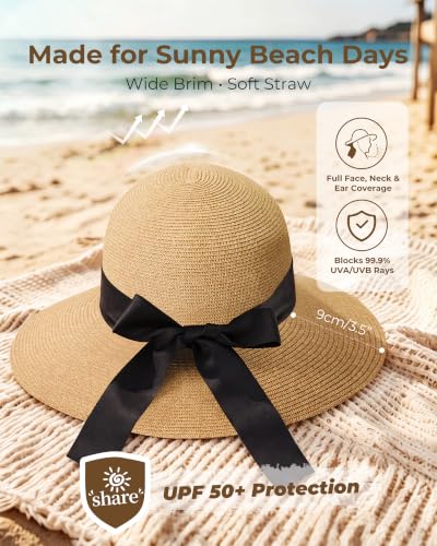 Beach Sun Hat for Women, Lightweight Packable Straw Hats, Wide Brim UV Protection Floppy Summer Hat for Travel - color: Khaki, size: Medium