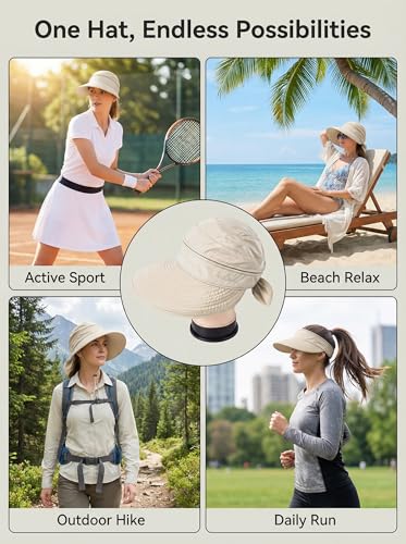 2-in-1 Women’s Sun Visor Sun Hat Zipper Off Ponytail Friendly, Lightweight Quick Dry, Summer UV Protection - color: Beige