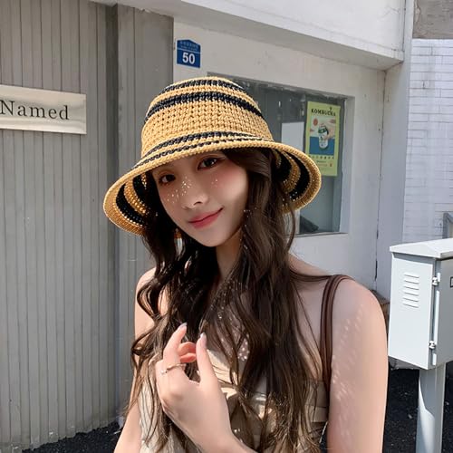 Gogobear Summer Straw Sun Hat for Women Outdoor Striped Beach Bucket Hat - color: Khaki
