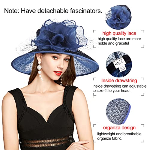 2026 Derby Hats for Women Ladies, Classy Organza Sun Hat, Church Tea Party Wedding Kentucky Fascinator Hat - color: B4215-dark Blue