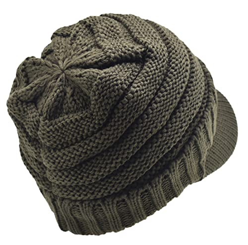 C.C Trendy Warm Oversized Chunky Soft Oversized Ribbed Slouchy Knit Hat with Visor Brim - color: Dark Olive Green