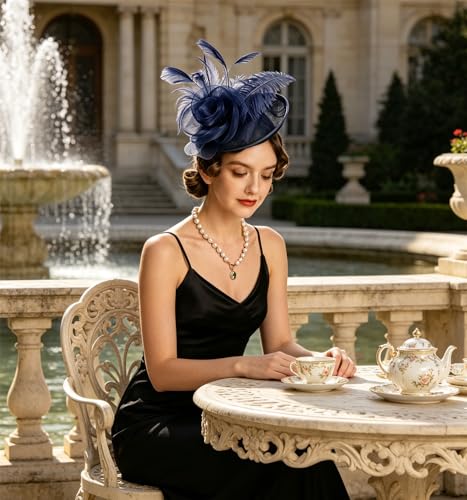 SAFERIN Women's Fascinators Feathers Tea Party Hat Veil Headband with Hair Clip for Cocktail Church - color: Ta4-navy