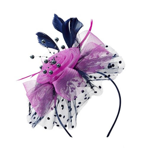 Zando 2026 Mesh Ken-Tucky Derby Fascinators Hats for Women Girls with Clip and Headband Vintage Wedding Church Tea Party - color: Hot Pink & Dark Blue