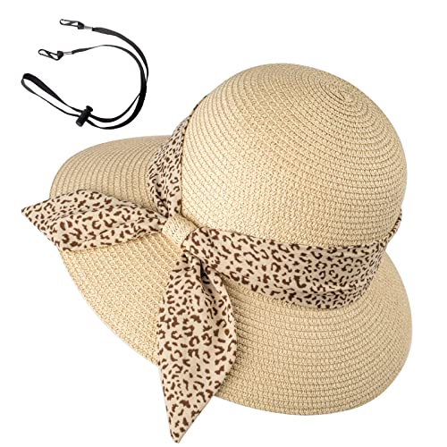 Womens Straw Sun Hat Summer Beach Wide Brim UV Protection Hats with Chin Strap Floppy Foldable Cute Bowknot UPF 50 Cap - color: Leopard Beige