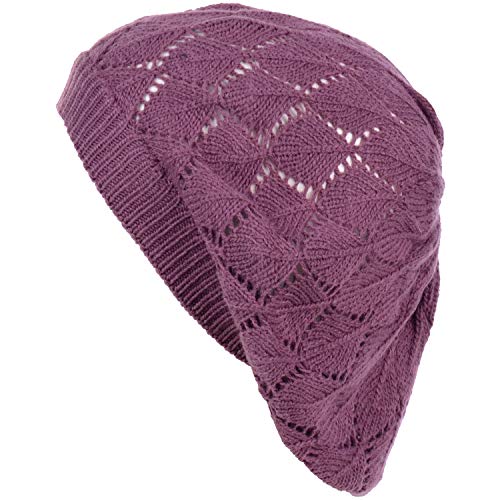an Womens Lightweight Cut Out Knit Beanie Beret Cap Crochet Hat - Many Styles - color: 2681purple