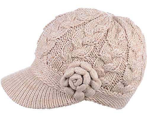 Womens Winter Elegant Cable Flower Knitted Newsboy Cabbie Cap Beret Beanie Hat with Visor, Warm Plush Fleece Lined - color: Lt. Beige Cable Flower