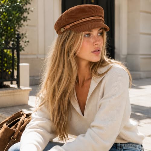 C.C Cotton Fisherman Cap for Women – Classic Fiddler Hat, Lightweight Breathable Cotton, Trendy Greek Fisherman Style - color: Corduroy-brown