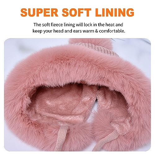 Fluffy Knit Beanie Hats for Women Winter Warm Fleece Lining Skull Cap Plush Faux Fur Pompom Earflaps Snow Hats - color: Beige - B