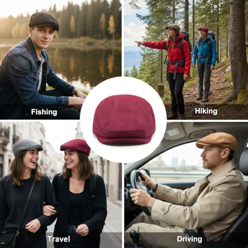 YAMEIZE Retro Suede Newsboy Hats for Men Women Beret Ivy Flat Cap Adjustable Winter Caps Trendy - color: Red