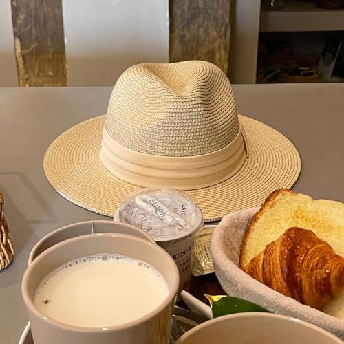 DRESHOW Women Straw Panama Hat Travel Fedora Beach Sun Hat Summer Wide Brim Straw Roll up Hats UPF 50+ - color: Beige Hat With Cream Band a