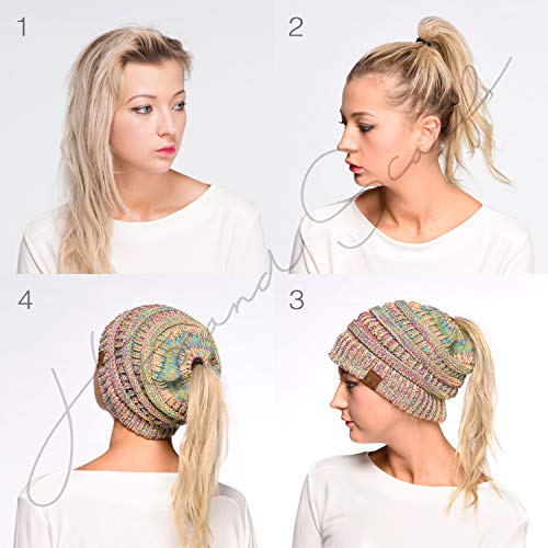 C.C Exclusives Soft Stretch Cable Knit Messy Bun Ponytail Beanie Winter Hat for Women (MB-20A) - color: Mint