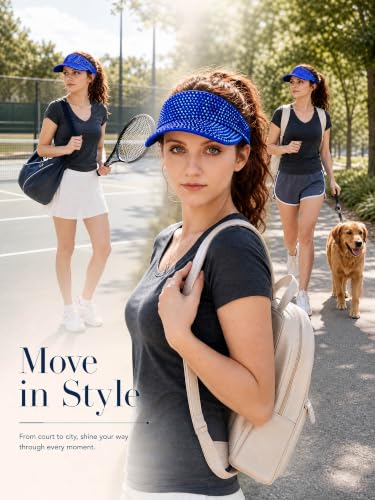 Women Shiny Rhinestone Bling Sun Visor Adjustable Tennis Beach Ponytail Hat - color: Blue