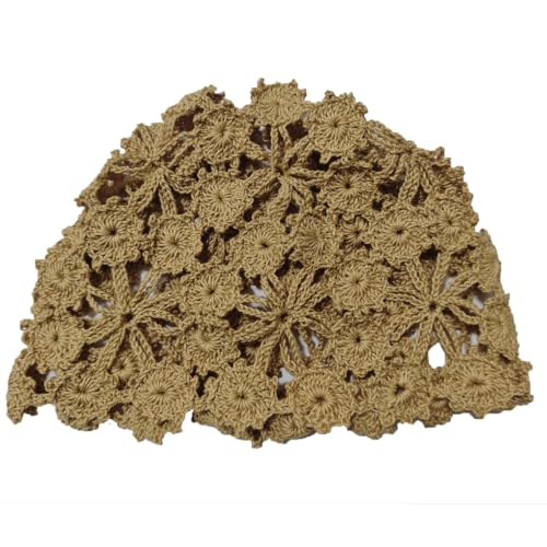 Women Lace Crochet Beanie Hat Handmade Knitted Cutout Floral Skull Cap - color: Champagne