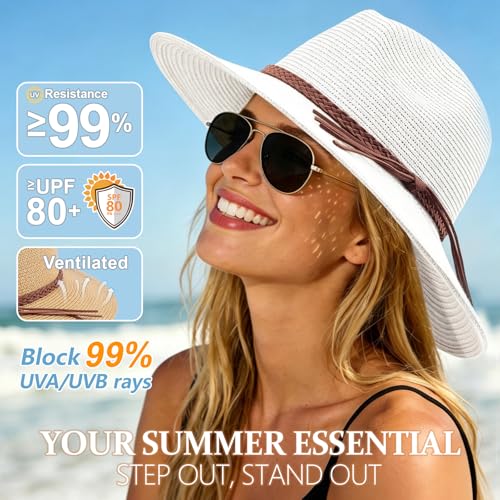 AQOKKA Summer Sun Hats for Women Straw Panama Hat with Wide Brim Roll Up Travel Fedora Beach Hat for Women Men UPF 50+ - color: Woven Rope : White