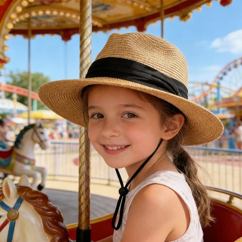 Kids Straw-Sun-Hat Boys Panama-Beach-Hat Girls Wide-Brim Sun Protection Fedora-Straw-Hat fit for 5-9T Summer-Outdoor