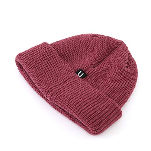 UNDERCONTROL Logo Label Patch Unisex Fall Winter Short Thick Cuffed Rollup Warm Beanie Korea Trawler Fisherman Knit Skull Hat - color: U Strap Pink