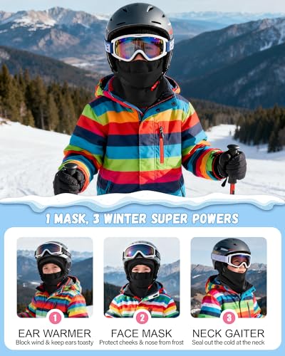 AWAYTR Kids Balaclava Ski Mask for Boys Girls - Fleece Windproof Winter Cap - color: Black