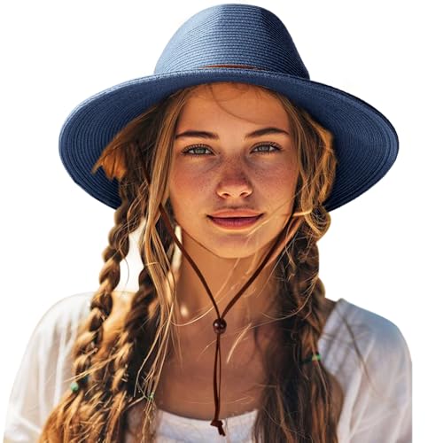 AQOKKA Summer Straw Fedora Hat for Women Men Travel Panama Hat with Wide Brim Roll Up Sun Hat for Beach Outdoor UPF 50+ - color: Panama Hat : Navy