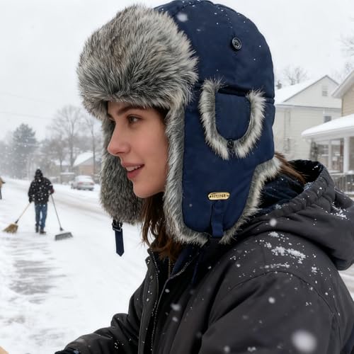 Trapper Hat for Men Women Faux Fur Aviator Russian Ushanka Hat Winter Hunting Hats with Ear Flaps Fur Tropper Bomber Ski Hats - color: Darkblue, size: XX-Large-3X-Large