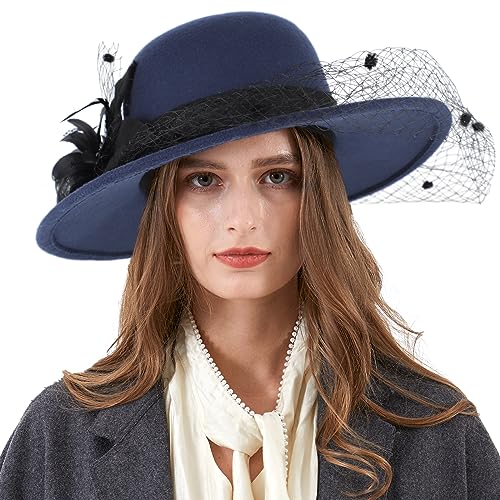 Ladies Wool Felt Bucket Hat Women Vintage Cloche Fedora Winter Church Bowler Hat with Bow - color: A-navy