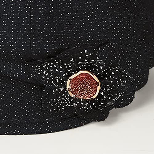 Women Retro Classic Visor Newsboy Cabbie Cap Beret Hats with Flower Buckle for Woman Ladies - color: 1black