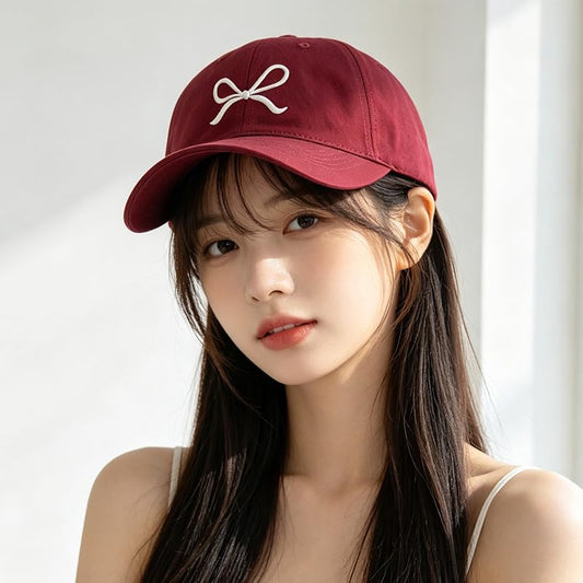 Unisex Bow Embroidery Baseball Cap Adjustable Outdoor Mom Sun Hat - color: Burgundy