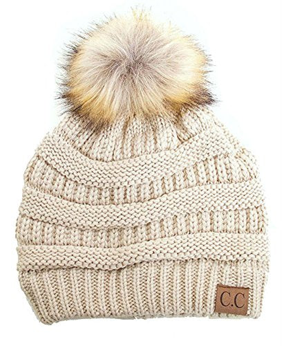Plum Feathers Soft Stretch Cable Knit Ribbed Faux Fur Pom Pom Beanie Hat - color: Beige