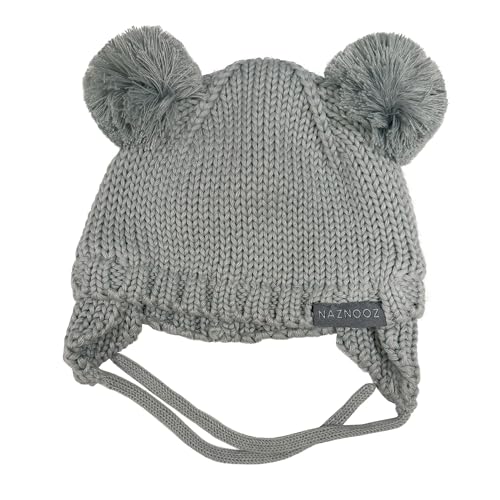 Knitted Colorful Double Pom-Pom Baby Hat and Mittens Set|Warm Winter Newborn Essentials for Boys and Girls 0-6 Months - color: Grey