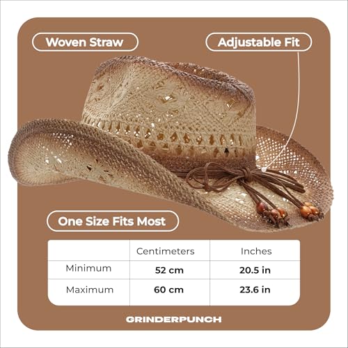 grinderPUNCH Straw Cowboy Hat for Men Women Western Cowgirl Outback Sun Hat - color: Biege