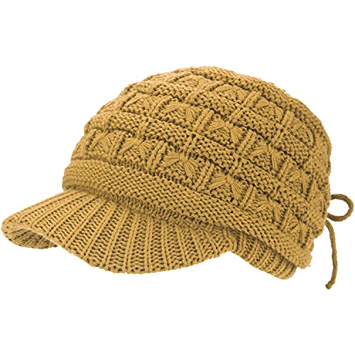 BYOS Womens Winter Chic Cable Warm Fleece Lined Crochet Knit Hat W/Visor Newsboy Cabbie Cap - color: Basket Woven-mustard Yellow