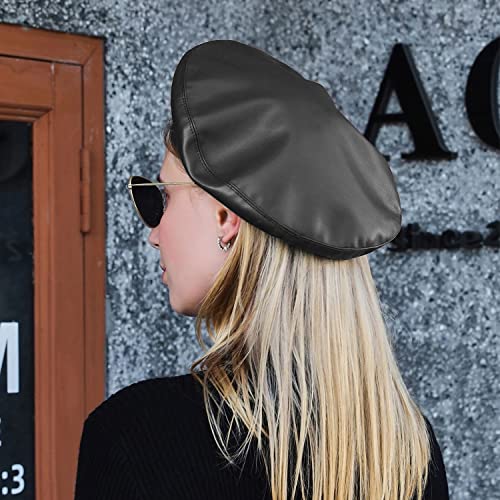 Wheebo PU Leather Berets for Women French Beret Hats Artist Painter Hat Classic Solid Style - color: Black