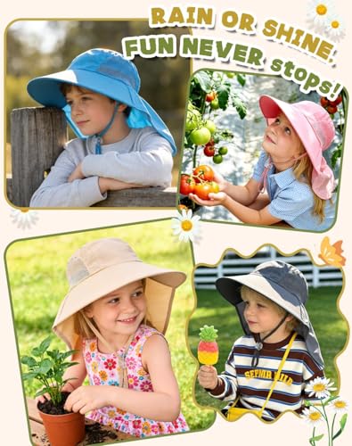 Rosoz Kids Sun Hat with Neck Flap UV Protection Summer Toddler Beach Hat Unisex Ponytail Hat Wide Brim Fishing Hat - color: 1pack-dark Green