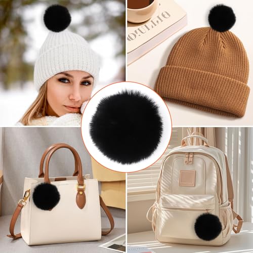 SWZHAI 12 Pcs 2.75 Inch Small Faux Fur Pom Pom Balls, Fluffy Pompom with Elastic Loops for Hats, Scarves, Bags, Shoes, Gloves & Key Chain Charms Accessories(Black) - size: Black