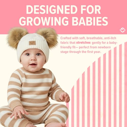 Funky Junque Double Pom Pom Baby Beanie – Newborn Girl Winter Hat 0–12 Months, Cute Cozy Knit Infant Beanies for Cold Weather - color: Diagonal Basketweave Pattern - White Double Pom