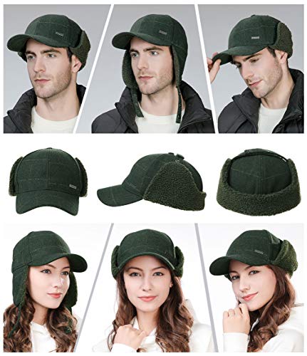 TOP-EX Oversized XL/XXL Unisex Wool Blend Winter Trapper Hat Baseball Cap Fleece Earflaps Fleece Lined - color: Armygreen(fleece), size: Large