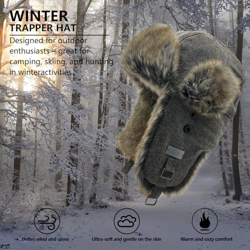 Winter Trapper Hat for Men and Women,Wool Russian Ushanka Aviator Warm Cold Proof Ski Hunting Cycling Winter Hats - color: Brown Herringbone Faux Fur, size: Small-Medium