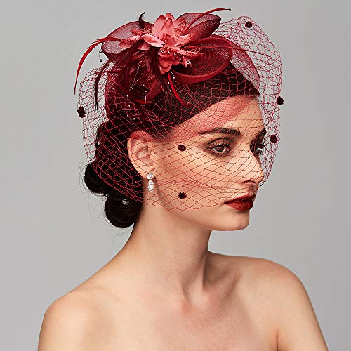 Tea Party Hat Fascinators Hats for Women Vintage Lace Mesh Floral Feather Hair Clip Headband with Veil for Church Wedding - color: Burgundy