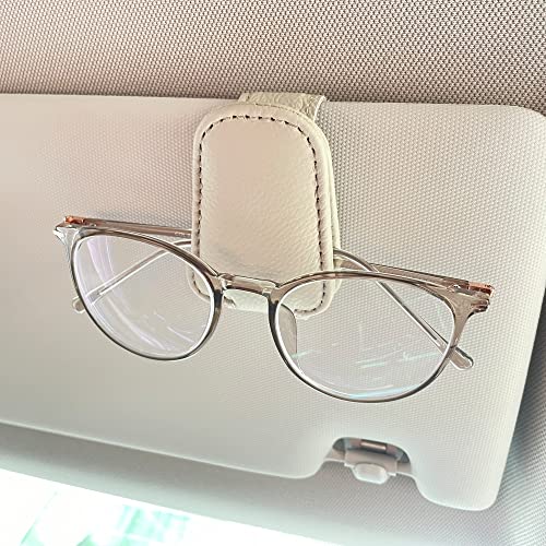 KIWEN Sunglasses Holders for Car Visor, Magnetic Leather Glasses Eyeglass Clip for Car, Ticket Card Clip Sunglasses Mount, Car Visor Accessories Gadgets (1, Beige) - color: Beige