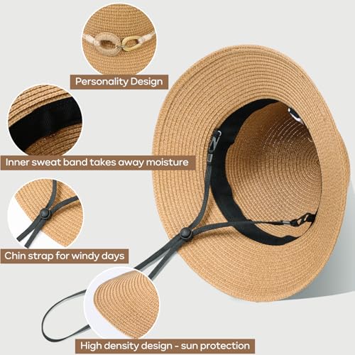 Beach Sun Straw Hats for Women, UPF 50+ UV Sun Protection Summer Straw Hat - color: Khaki - Hemp Rope Buckle