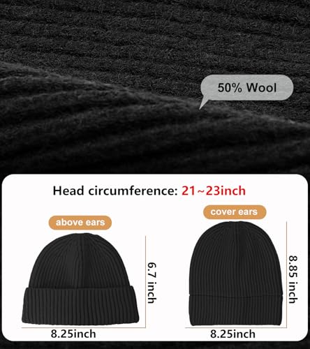 Wool Fisherman Beanies for Men Knit Fall Winter Beanie Hat Skull Cap - color: Black
