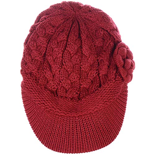 BYOS Womens Winter Chic Cable Warm Fleece Lined Crochet Knit Hat W/Visor Newsboy Cabbie Cap - color: Cable W/ Flower Red