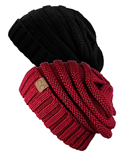 NYFASHION101 Oversized Baggy Slouchy Thick Winter Beanie Hat - color: Black & Burgundy Metallic