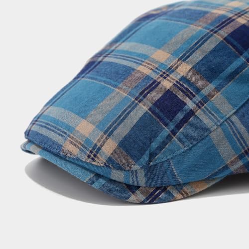 Classic Ivy Flat Plaid Newsboy Cap Adjustable Cotton Gatsby Cabbie Hat for Women Men - color: Blue